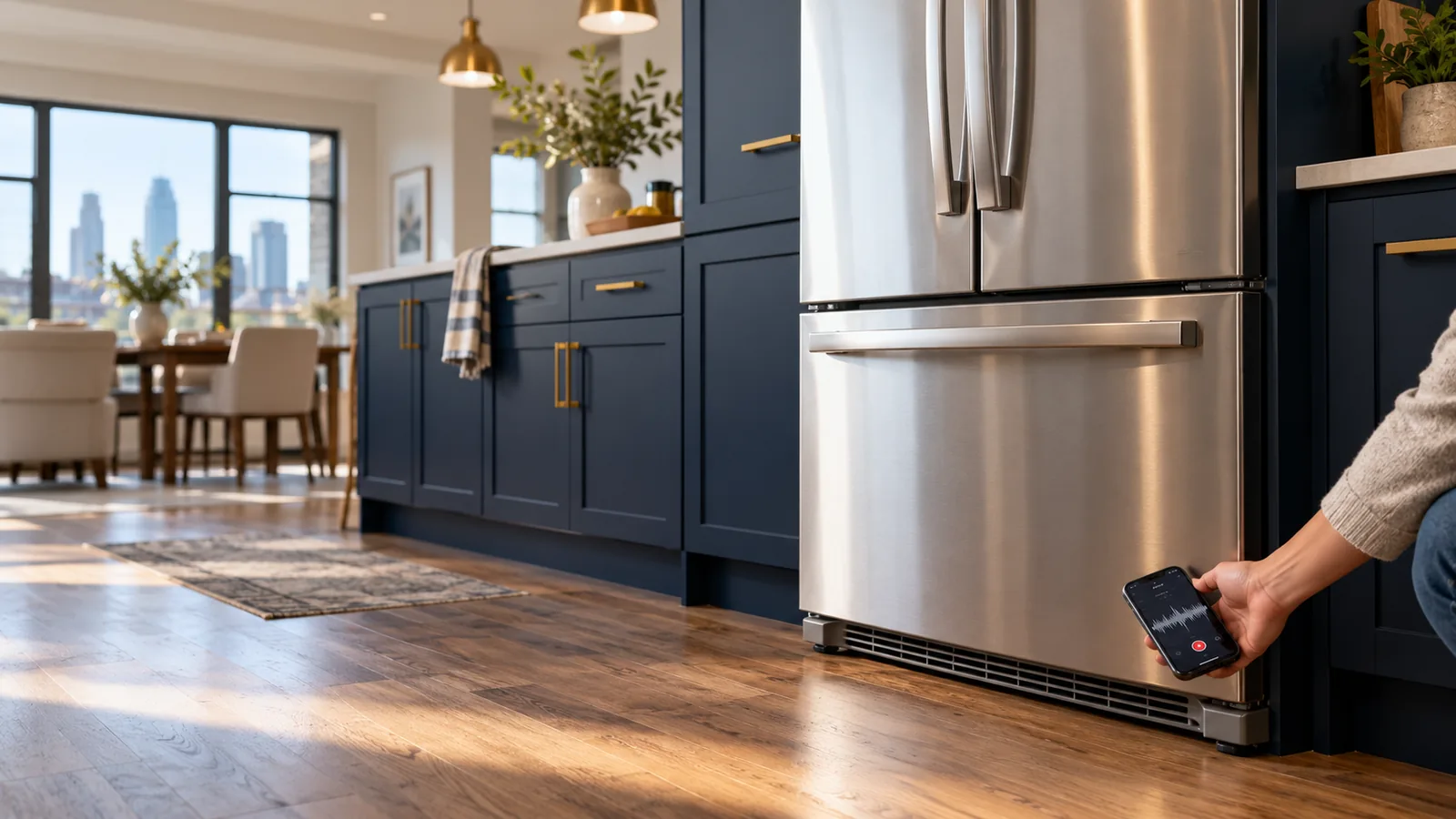 Homeowner listening to a stainless refrigerator in a Charlotte kitchen